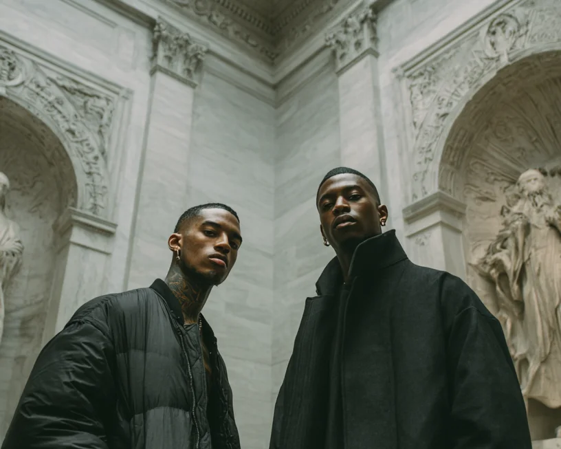 Two men in black tailoring standing together in a marble museum hall