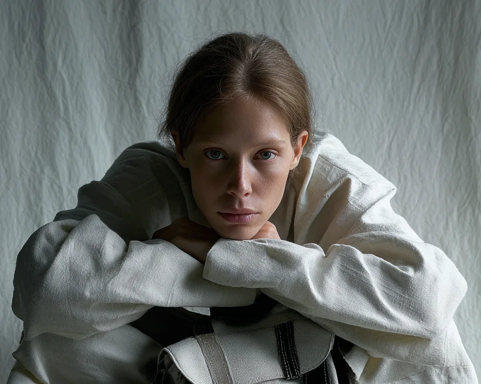 A model crouching behind a structured canvas bag against a raw linen backdrop