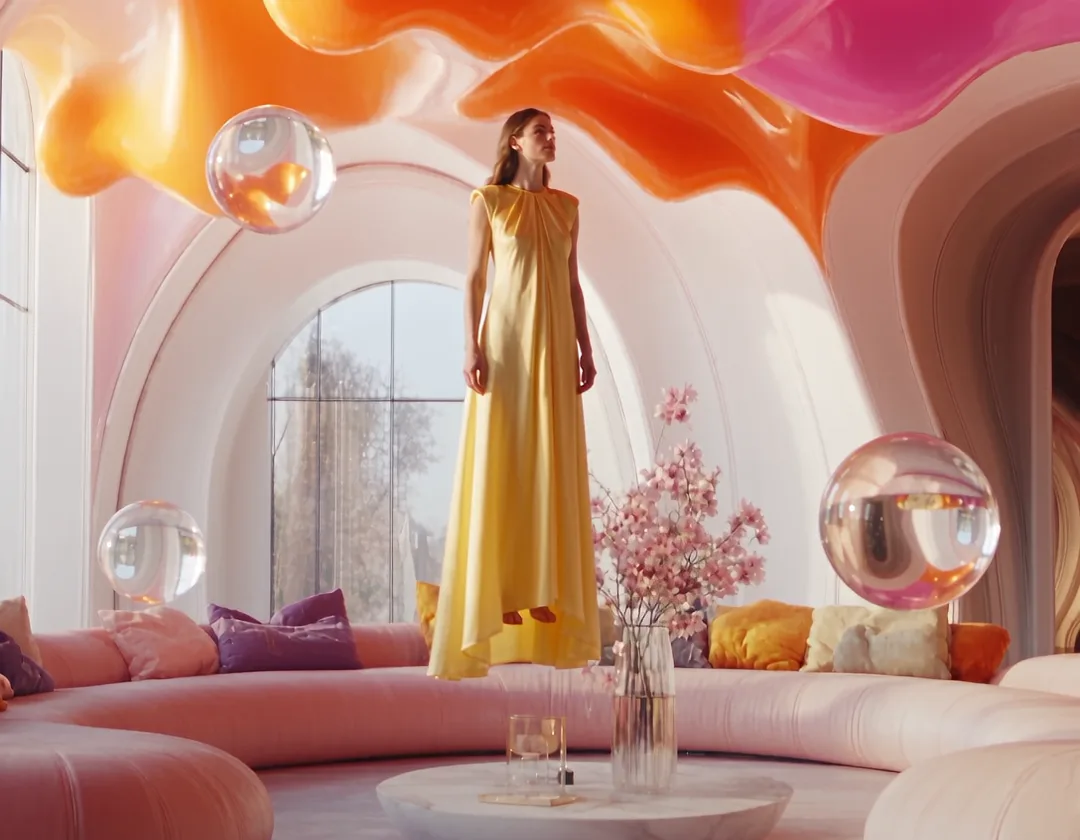 Figure in a flowing gown floating above a minimalist arched lounge, head to hem in frame